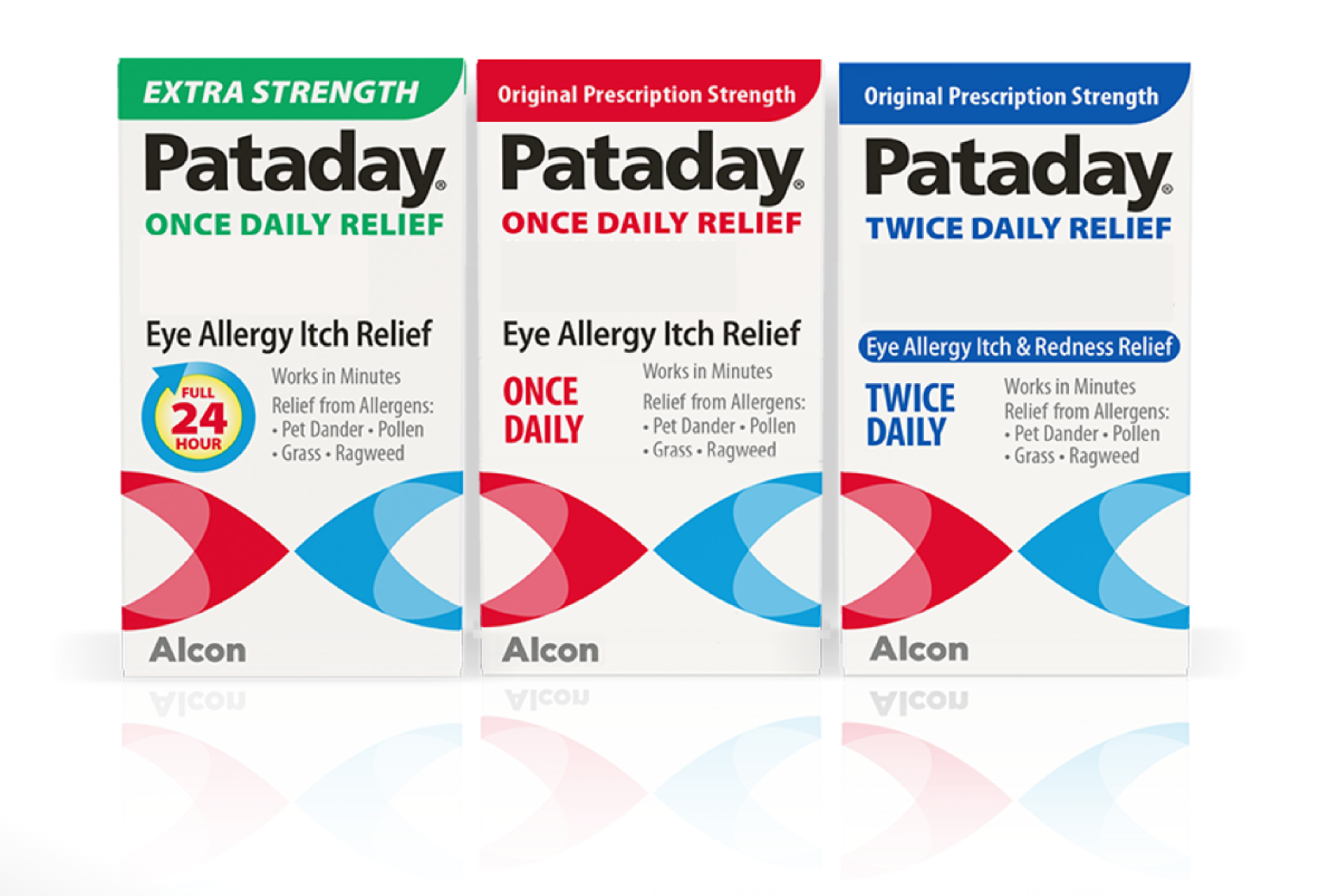 product boxes for Pataday Eye Allergy Itch Relief Eye Drops in Once Daily Relief Extra Strength, Once Daily Relief Originial Prescription Strength, and Twice Daily Relief Original Prescription Stregnth