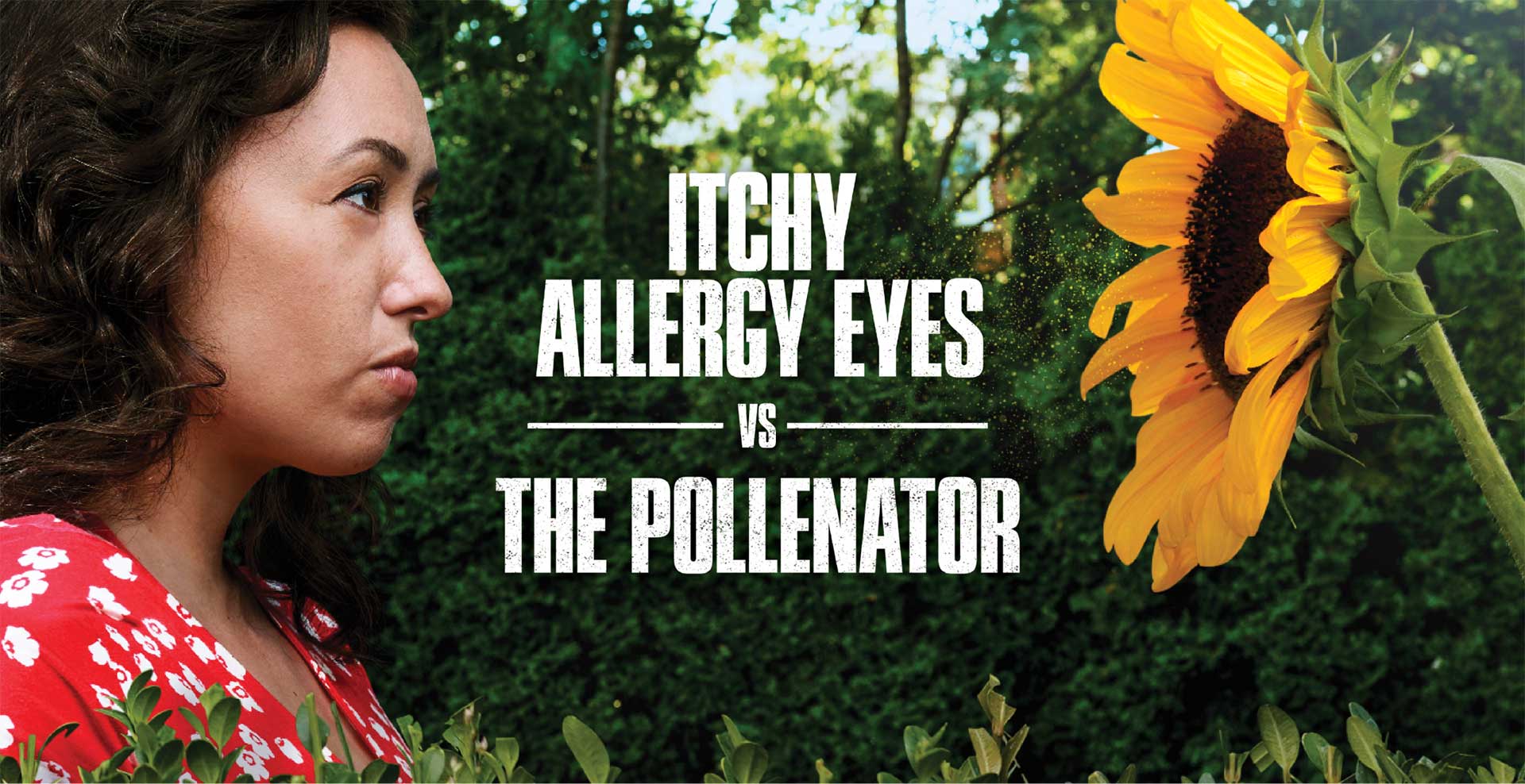 Woman wearing a red floral print dress facing and staring directly into a large yellow sun flower