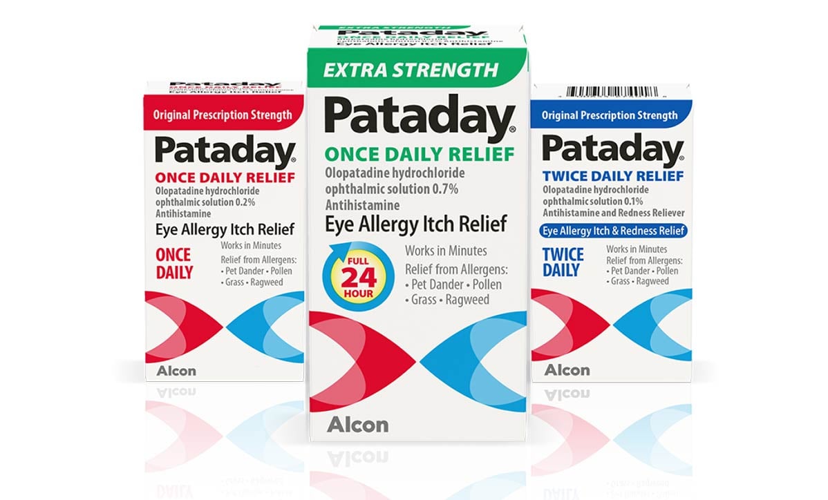 Product boxes for Pataday Once Daily Relief, Extra Strength Paday, and Pataday Twice Daily Relief allergy eye drops by Alcon